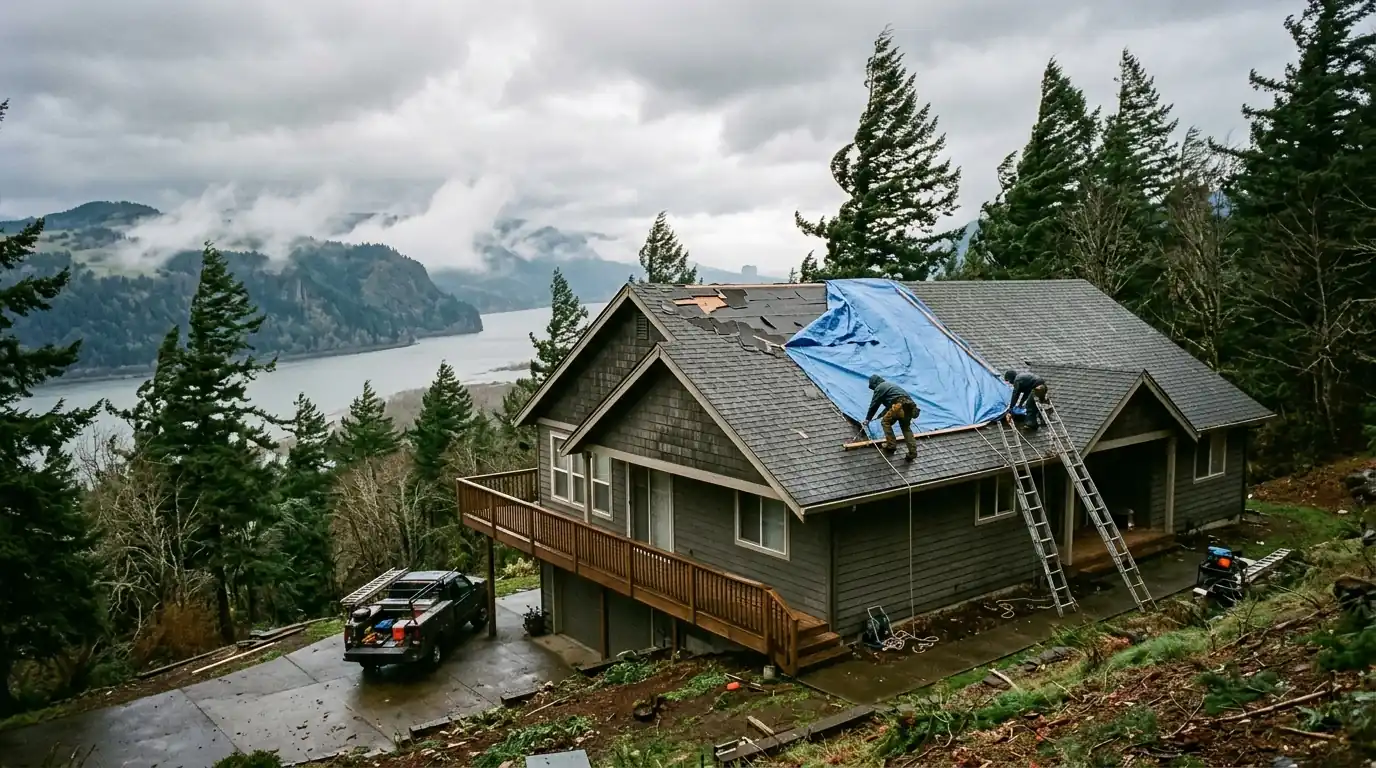 Roof with missing shingles after a strong east wind storm near the Gorge