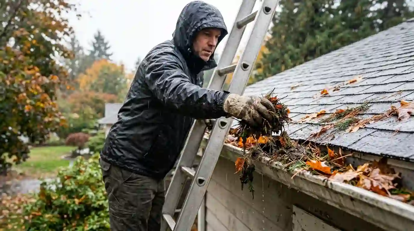 Cleaning fir needles from a gutter by hand