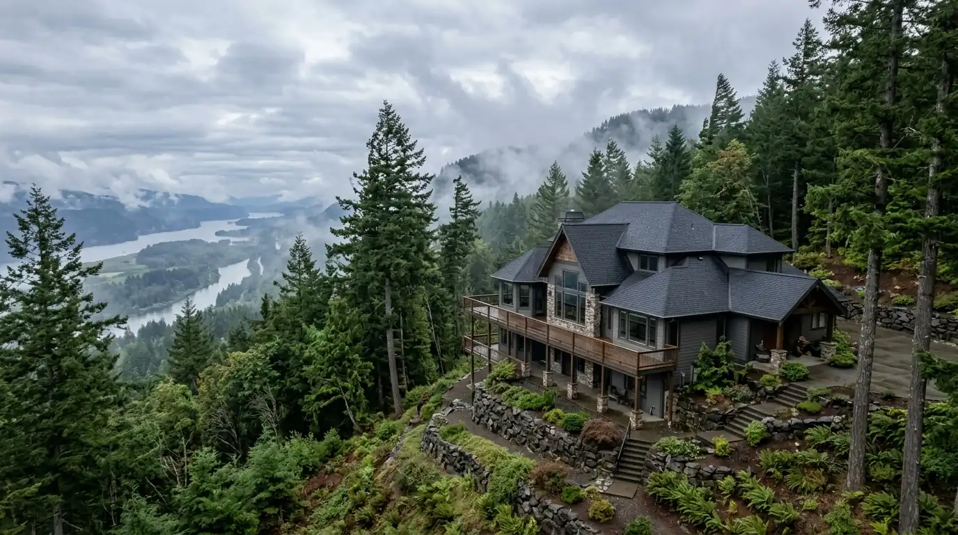 Large hillside home with a complex shingle roof above a lake valley