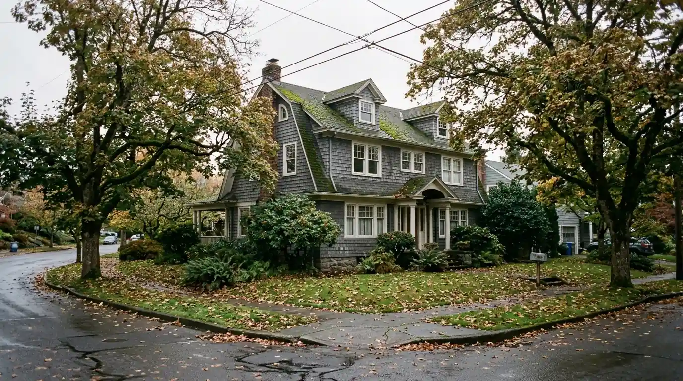Steep Colonial Revival roof with dormers beside Laurelhurst Park under tall trees