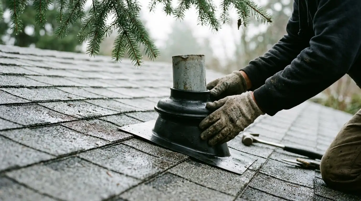 Roofer replacing a cracked pipe boot on a Tigard shingle roof