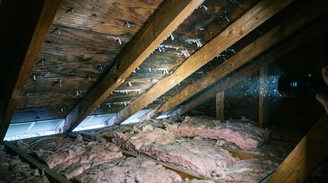 Attic interior showing dark stained roof sheathing and frost on nail tips