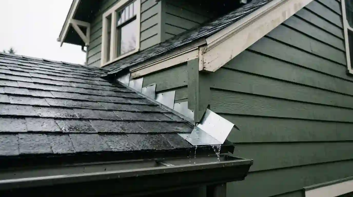 Roofer brushing thick green moss off a shaded asphalt shingle roof