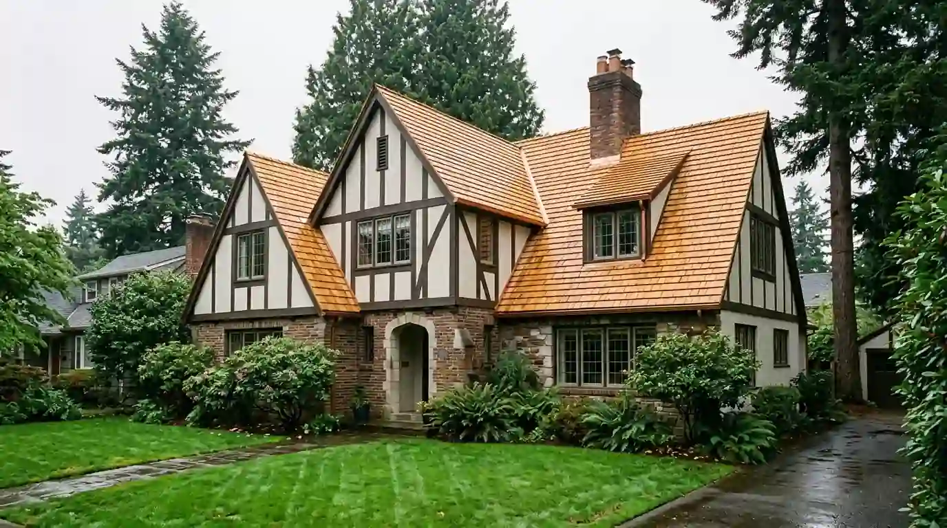 Fresh tapersawn cedar shake roof on a Portland Tudor style home
