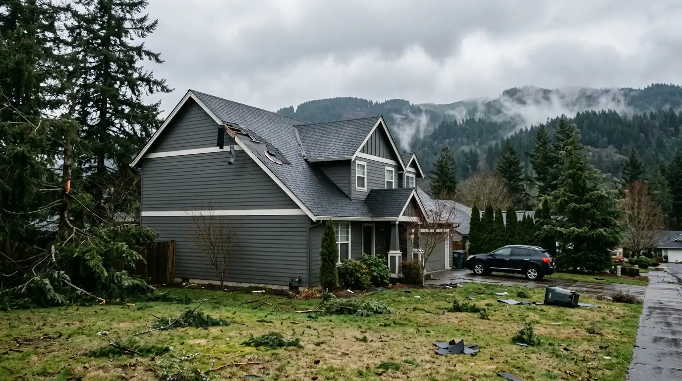 Suburban home near the Columbia River Gorge with wind damaged roof shingles