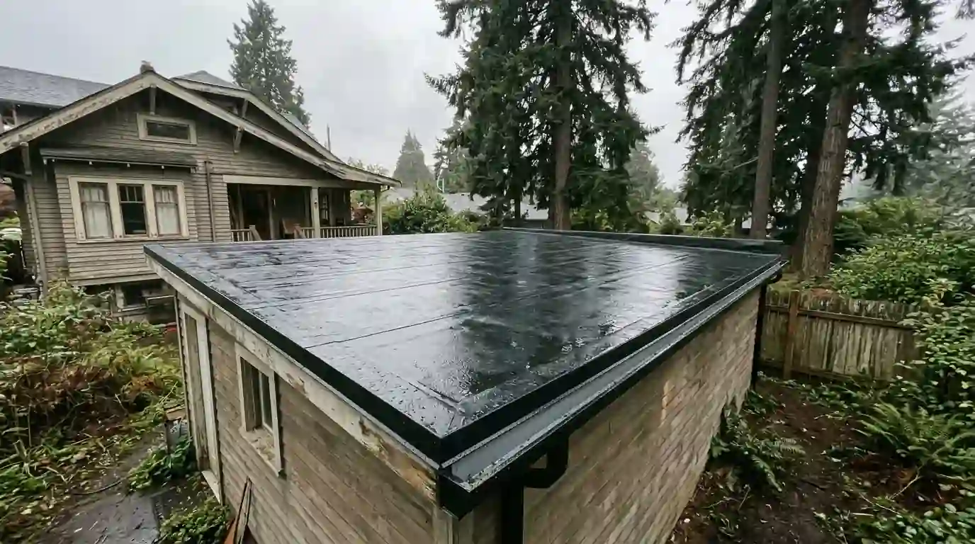 Black EPDM rubber roof on a detached garage in Portland