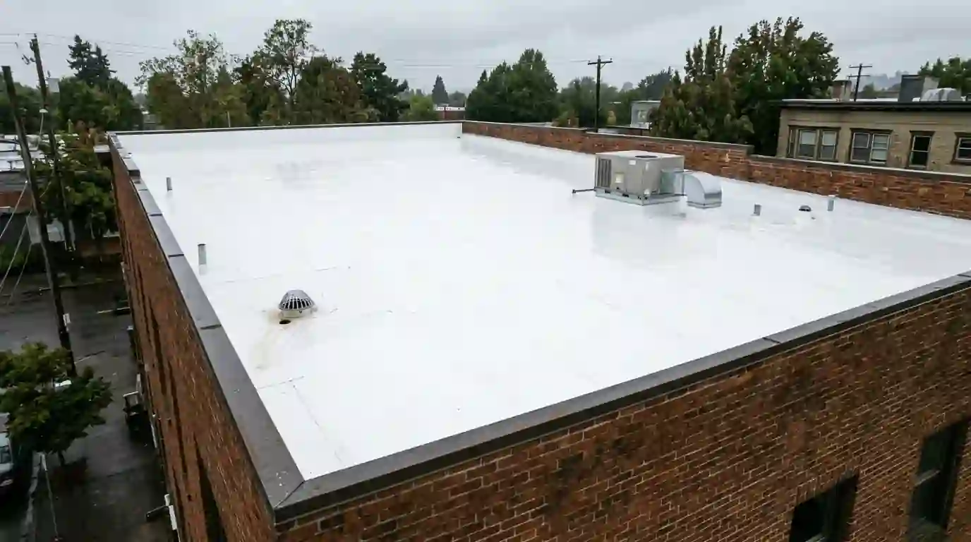 White TPO membrane roof on a Portland mixed use building after rain