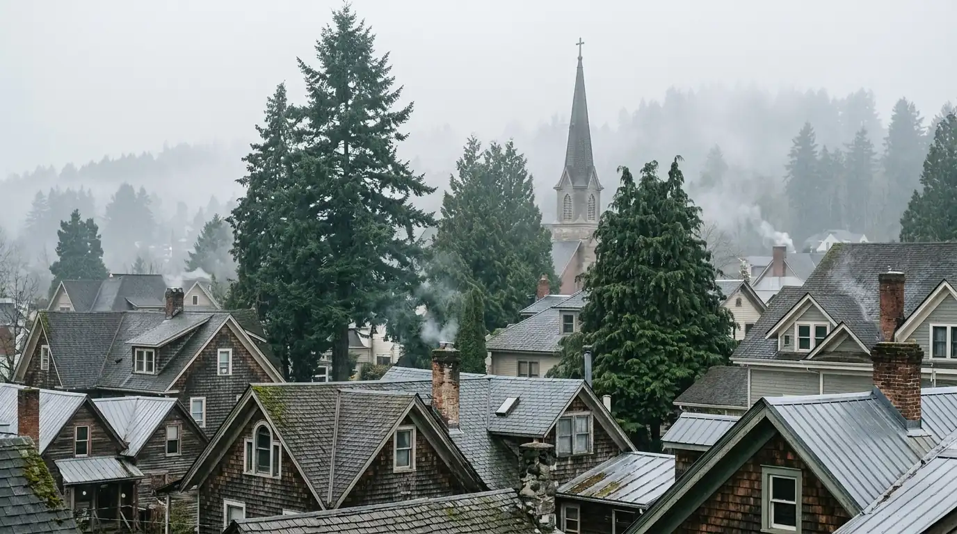 Rooftop view across gables and dormers in fog