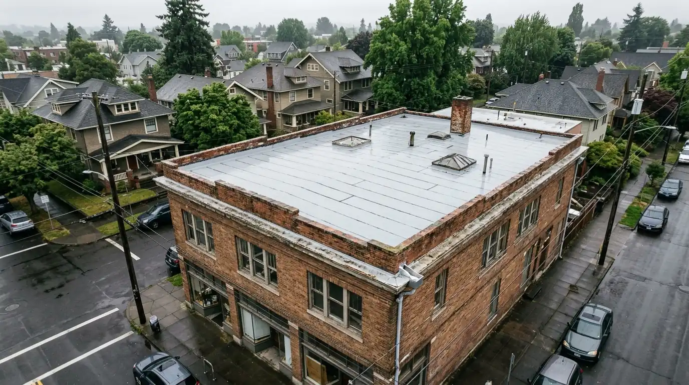 Flat roof with gray membrane atop an older Southeast Portland storefront