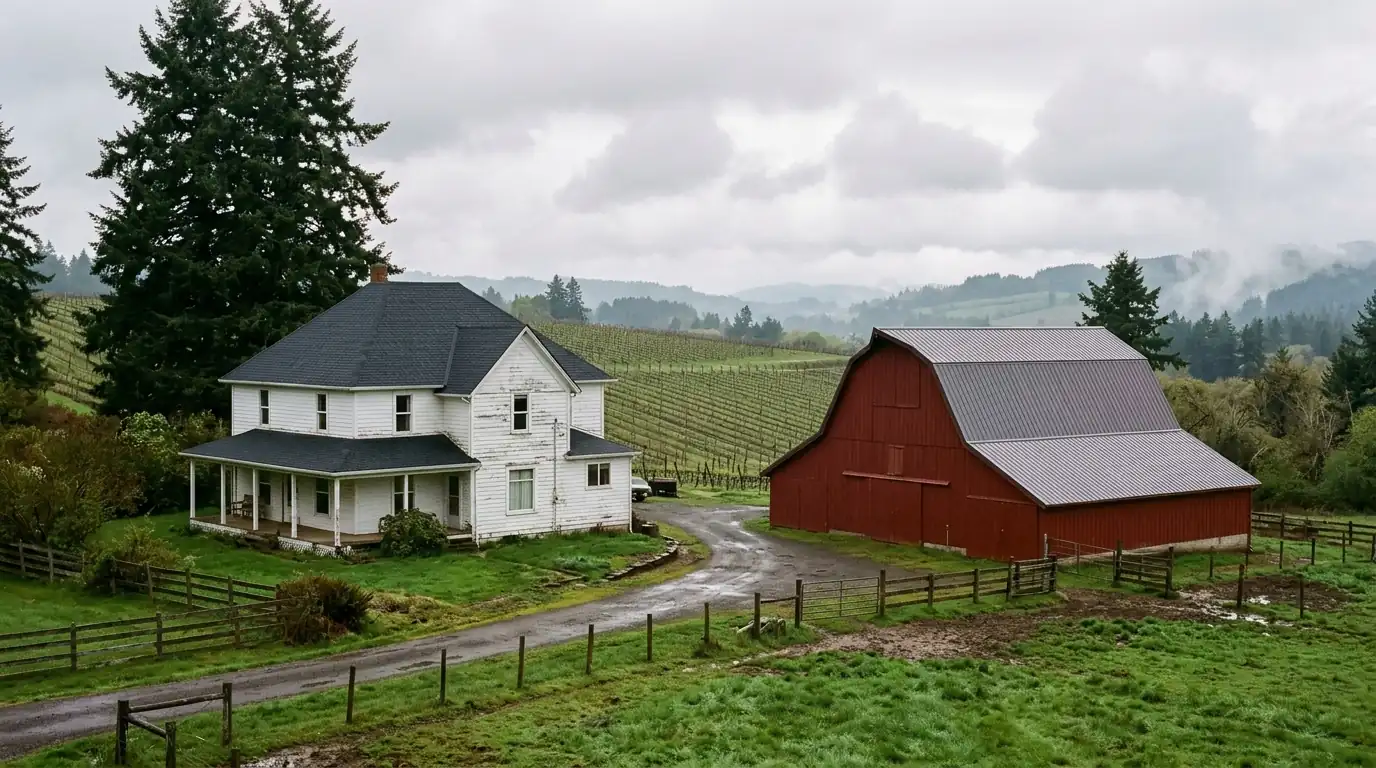Farmhouse and barn with new roofs beside vineyard rows on a gray day
