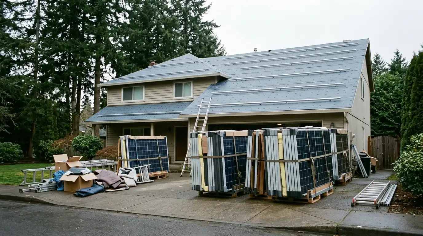 Solar panels stacked beside a roof being replaced on a Portland home