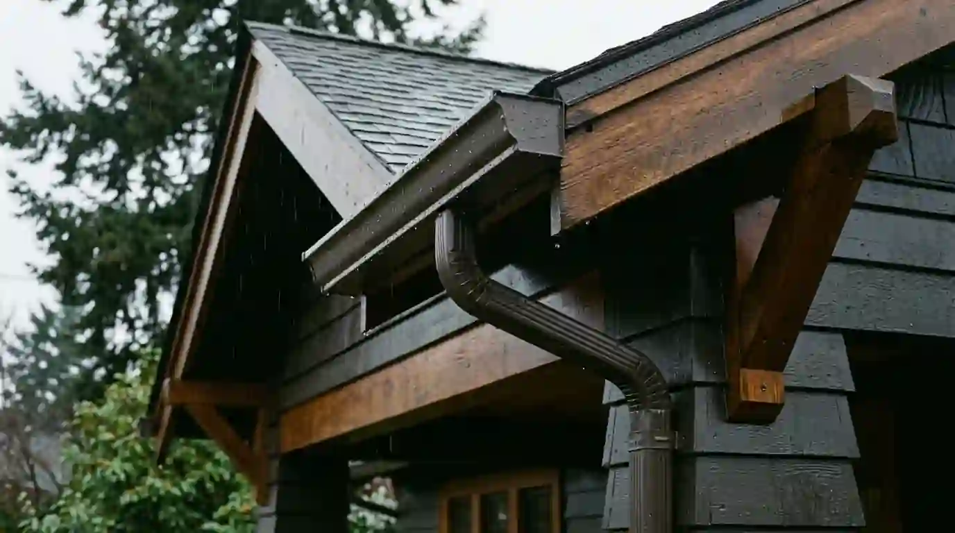 New dark bronze aluminum gutters along the eave of a Craftsman home