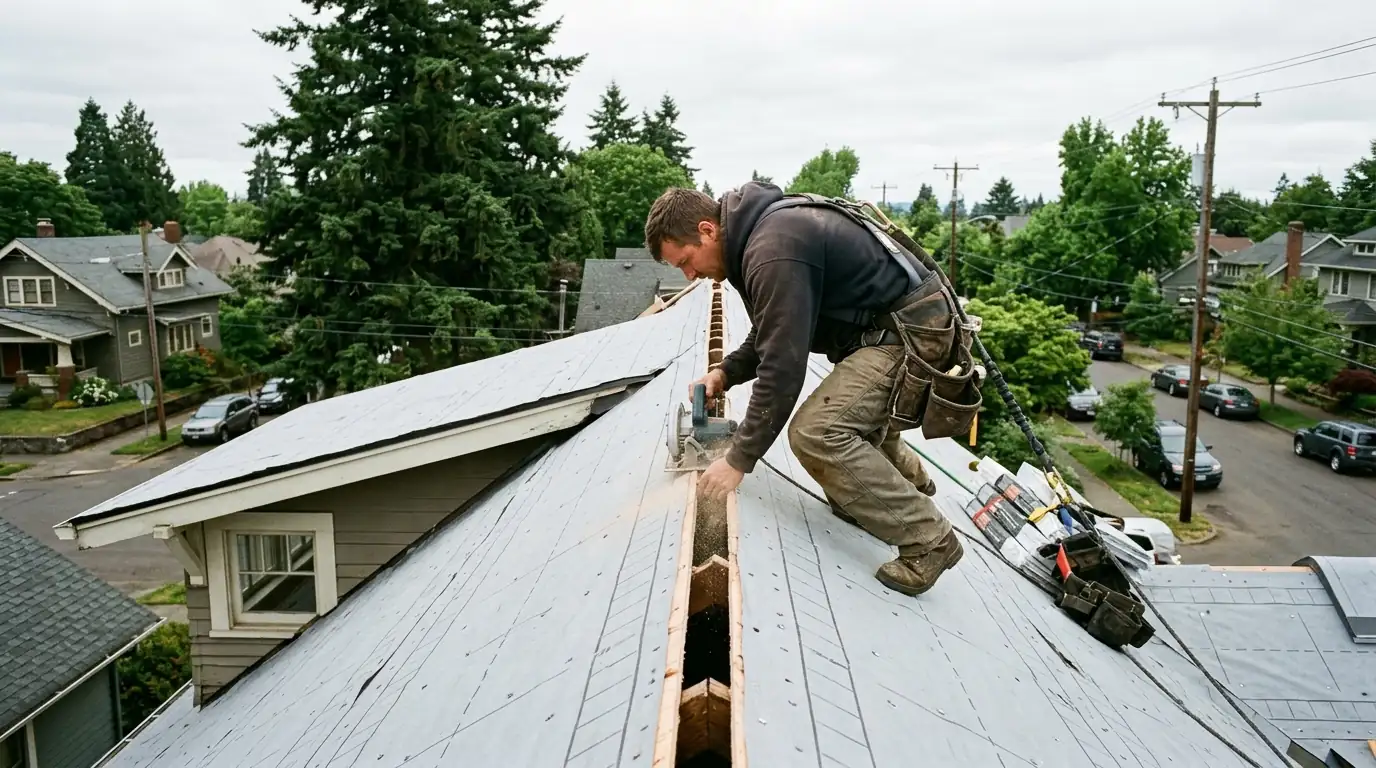 Roofer cutting a ridge vent on a Rose City Park bungalow roof