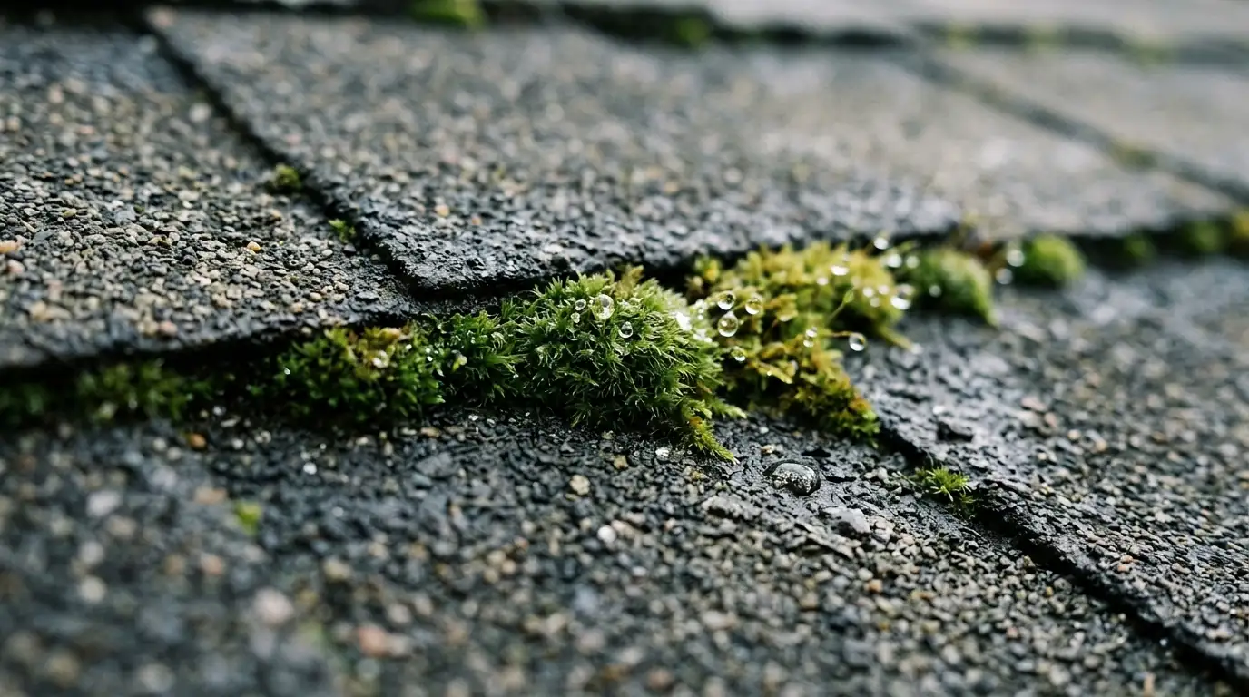 Moss growing between asphalt shingle tabs