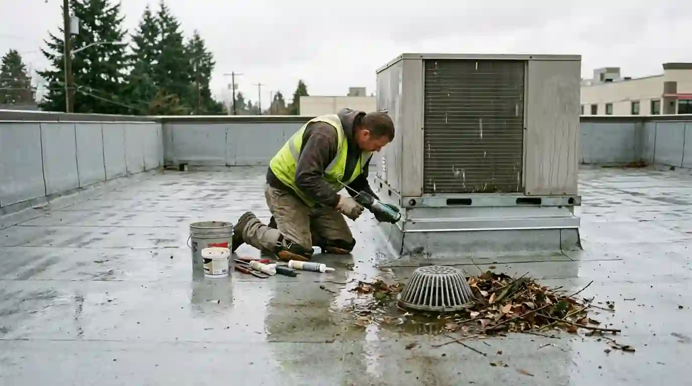 Roofer resealing flashing around an HVAC unit on a Portland office roof