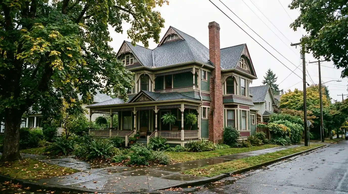 Historic Victorian home with a newly replaced shingle roof on a tree lined street