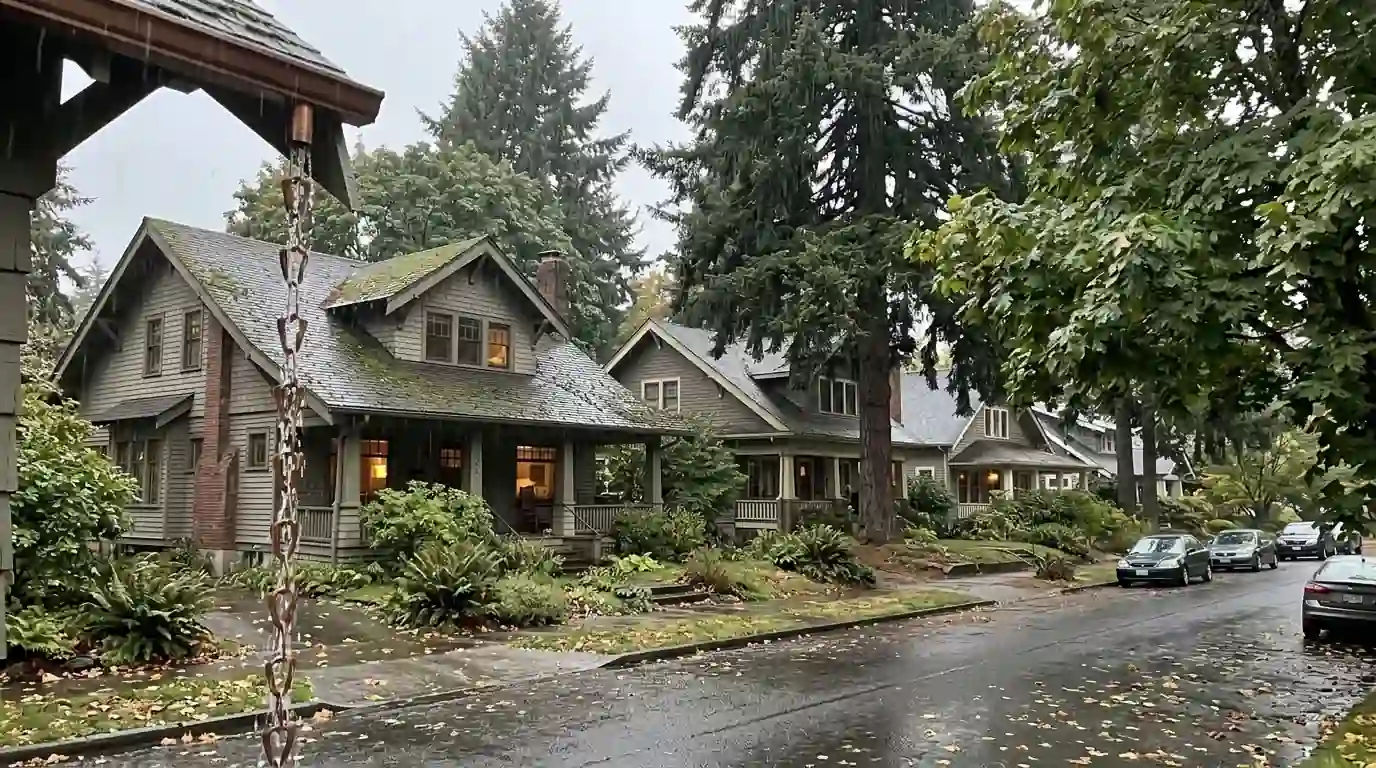Rain on older Portland homes with mossy roofs