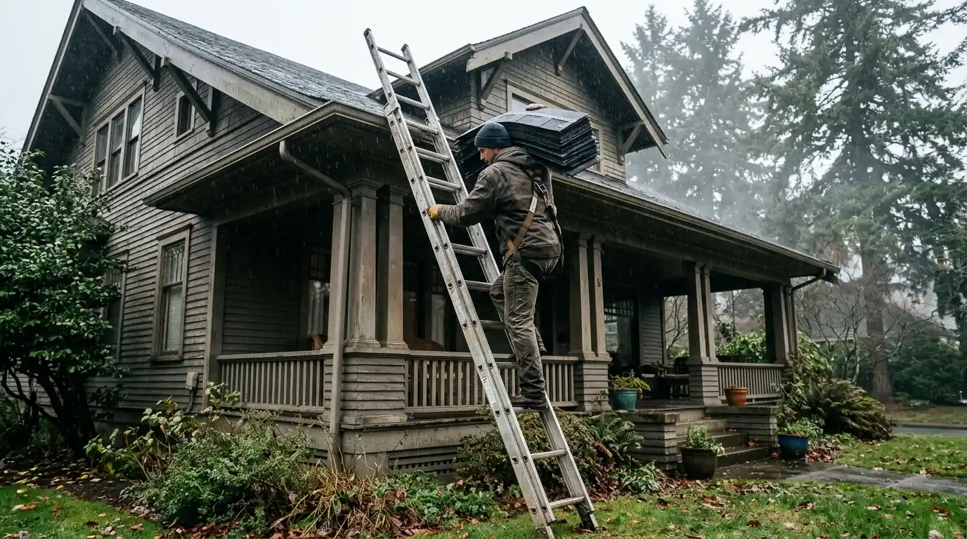 Carrying shingles up to an older Portland house
