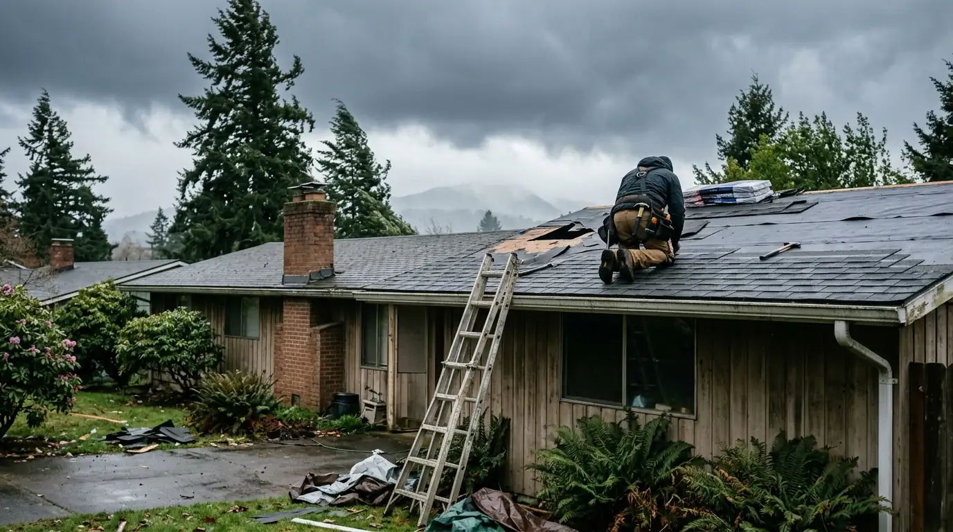 Roofer replacing wind damaged shingles on a Gresham ranch home