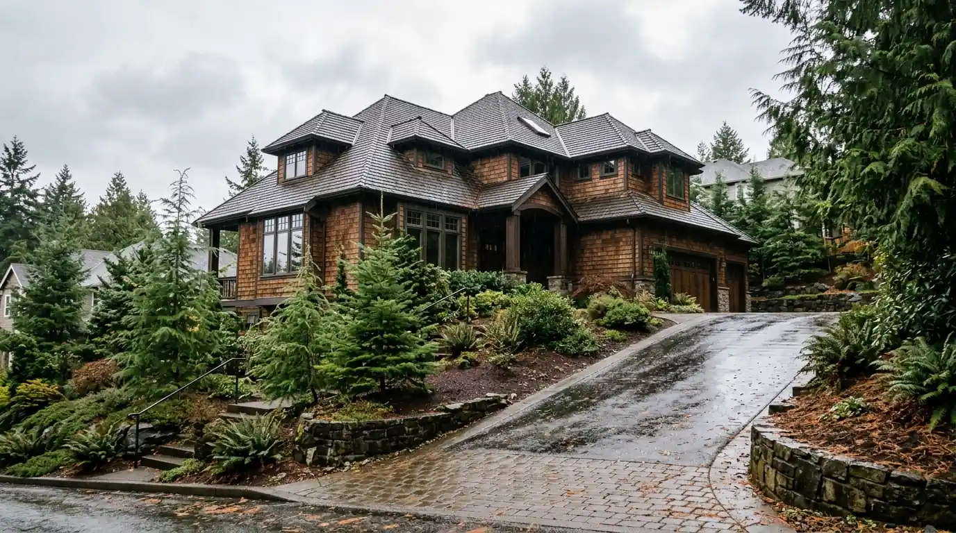 Large two story hillside home with a complex new shingle roof