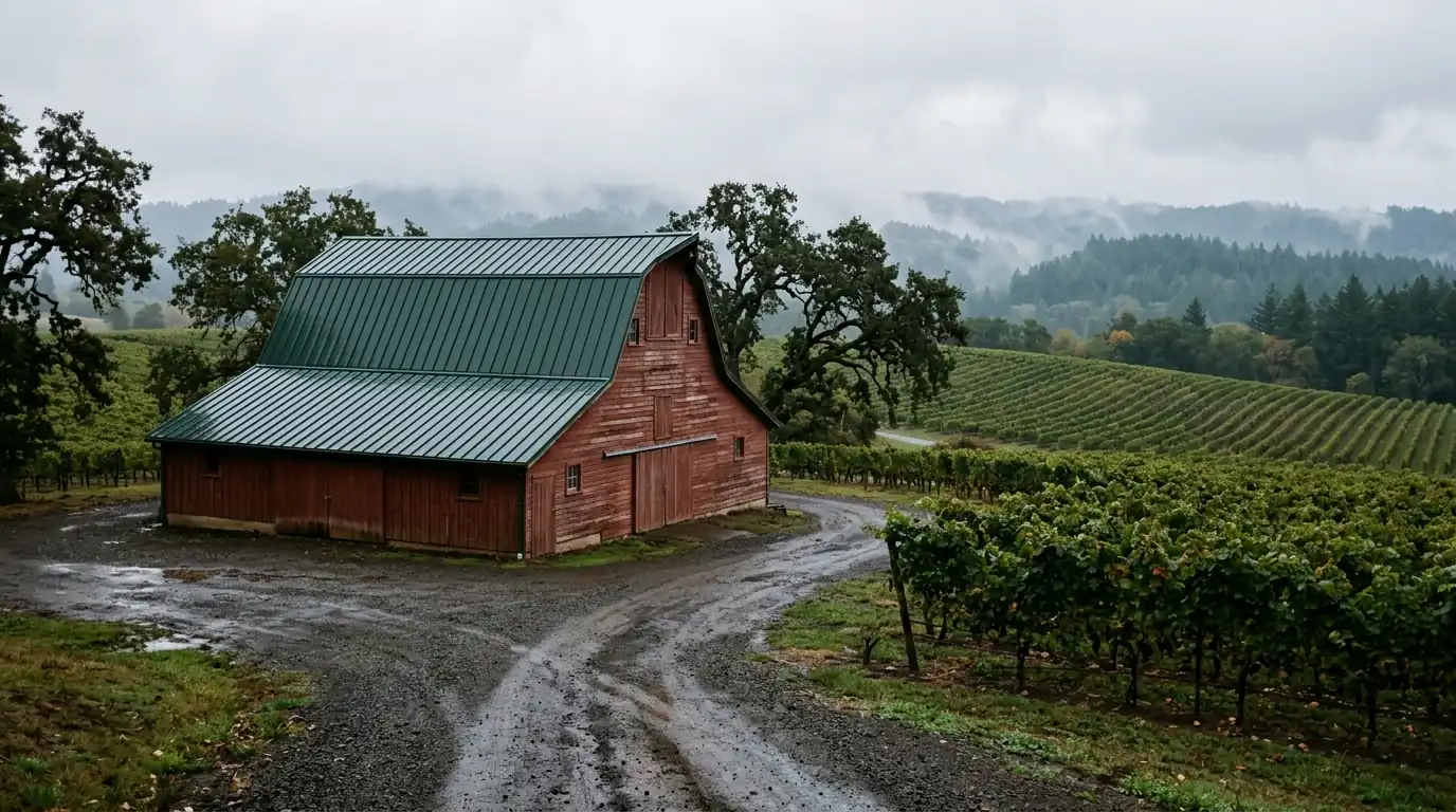 Red barn with a new metal roof among vineyard rows