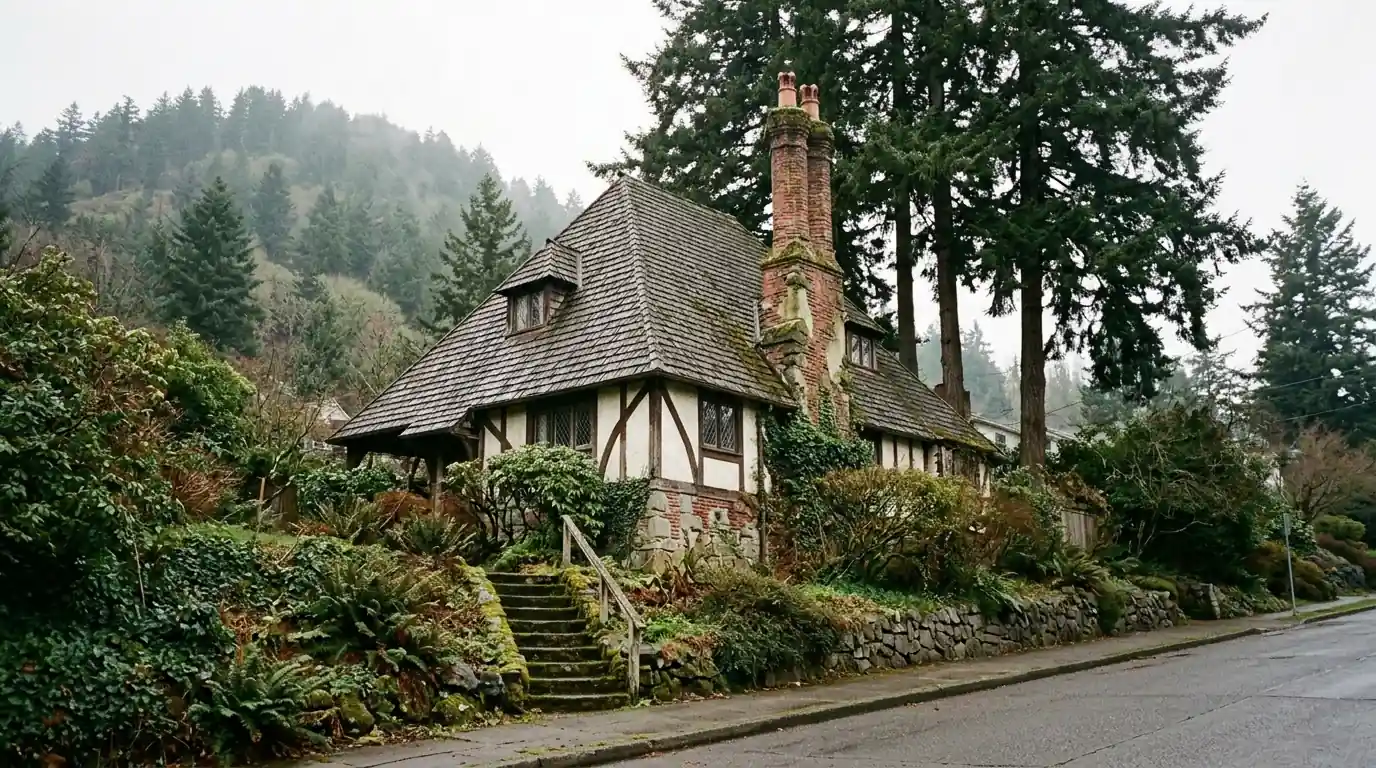 Steep Tudor cottage roof on a hillside street near a wooded park