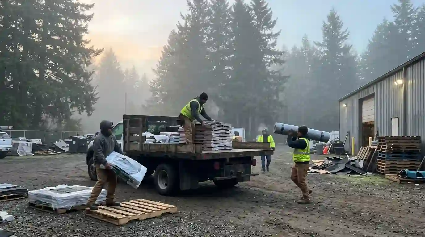 Crew loading roofing materials onto a truck at dawn