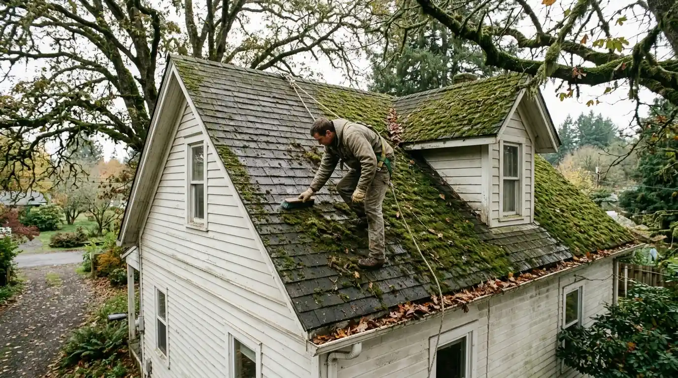 Roofer clearing moss from an older home roof under large shade trees