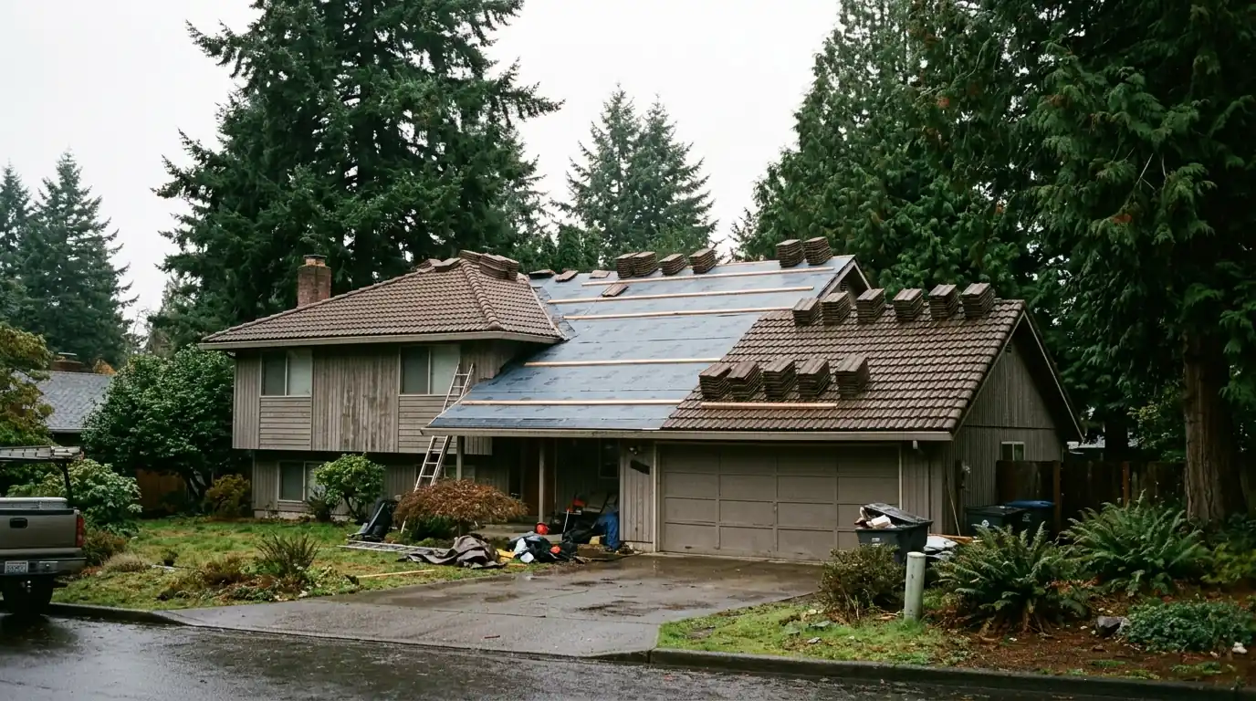 Concrete tile roof being relaid on a Beaverton split level home