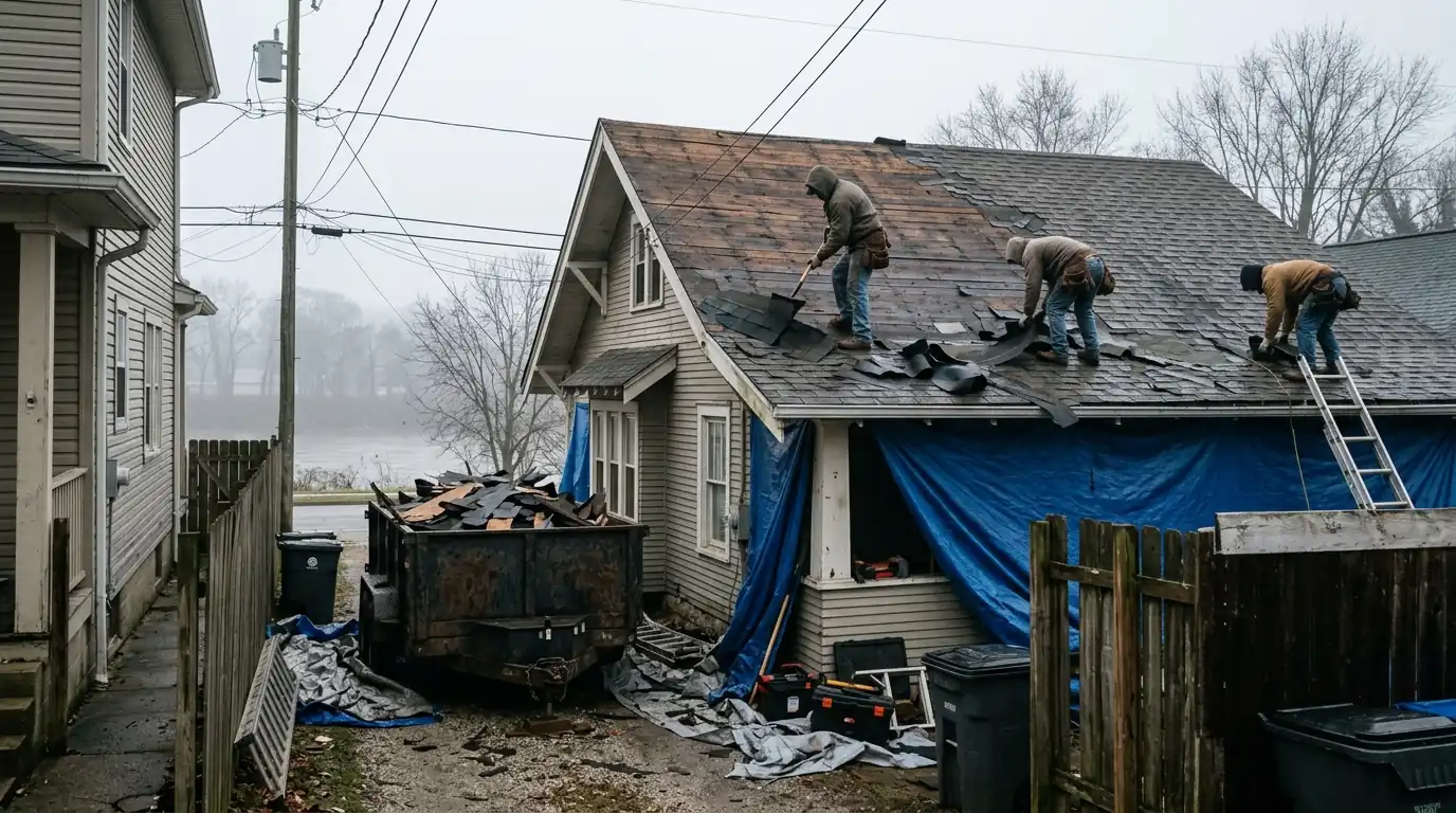 Roofers tearing off old shingles on a Sellwood bungalow on a narrow lot