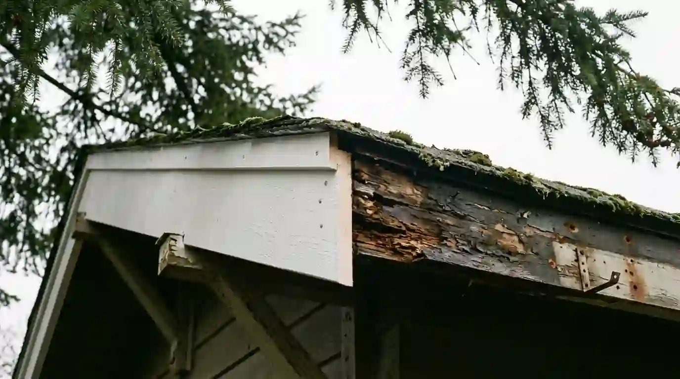 Roofer installing new primed fascia board under a shingle roof edge