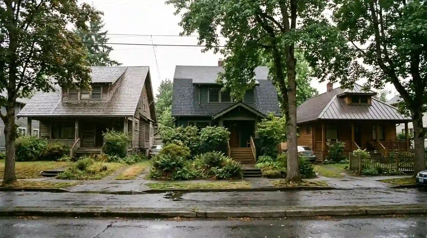 Three neighboring Portland homes with cedar shake, asphalt shingle and metal roofs