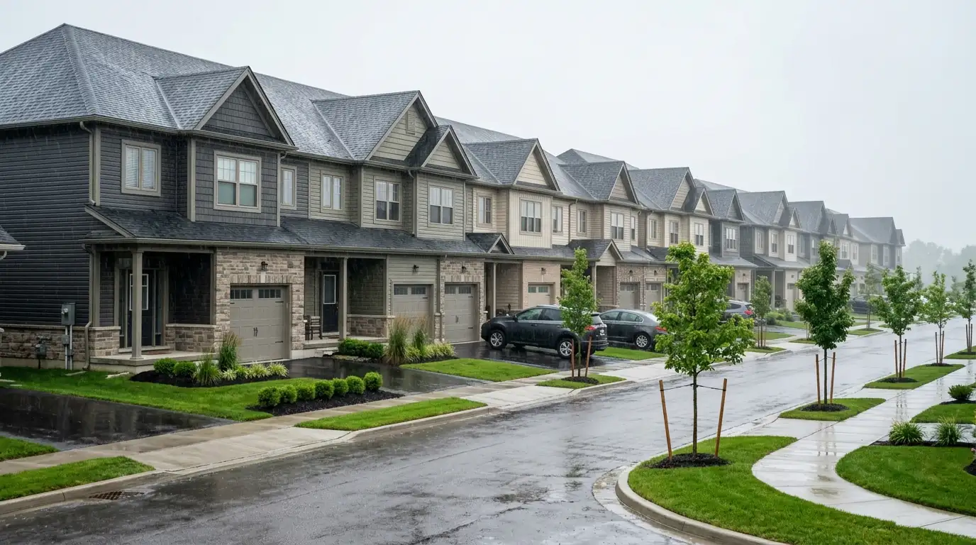 Townhome row with matching roofs