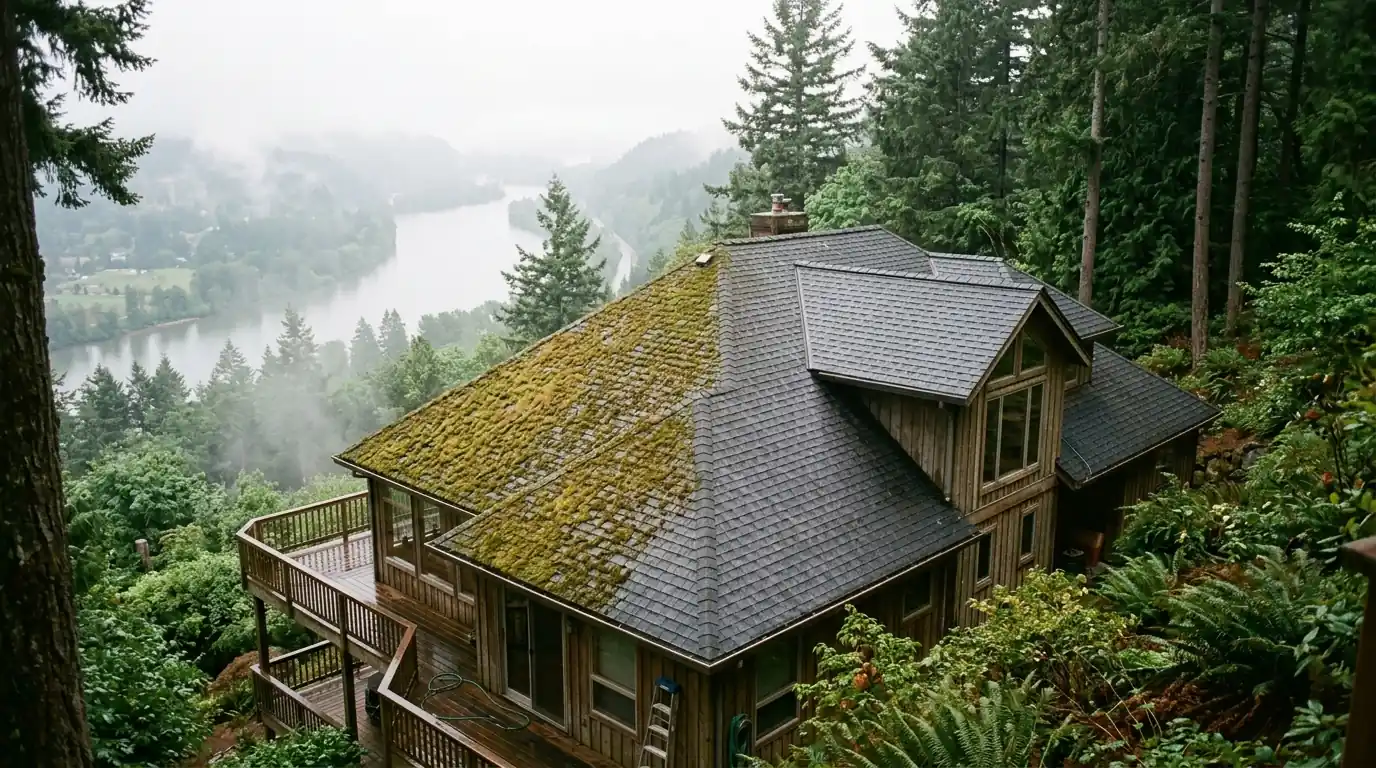 Mossy shingle roof under tall firs on a West Linn hillside home