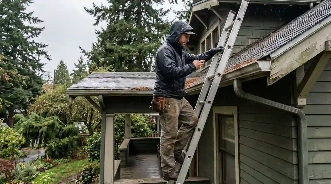 Roofer on a ladder answering a call at a Portland bungalow