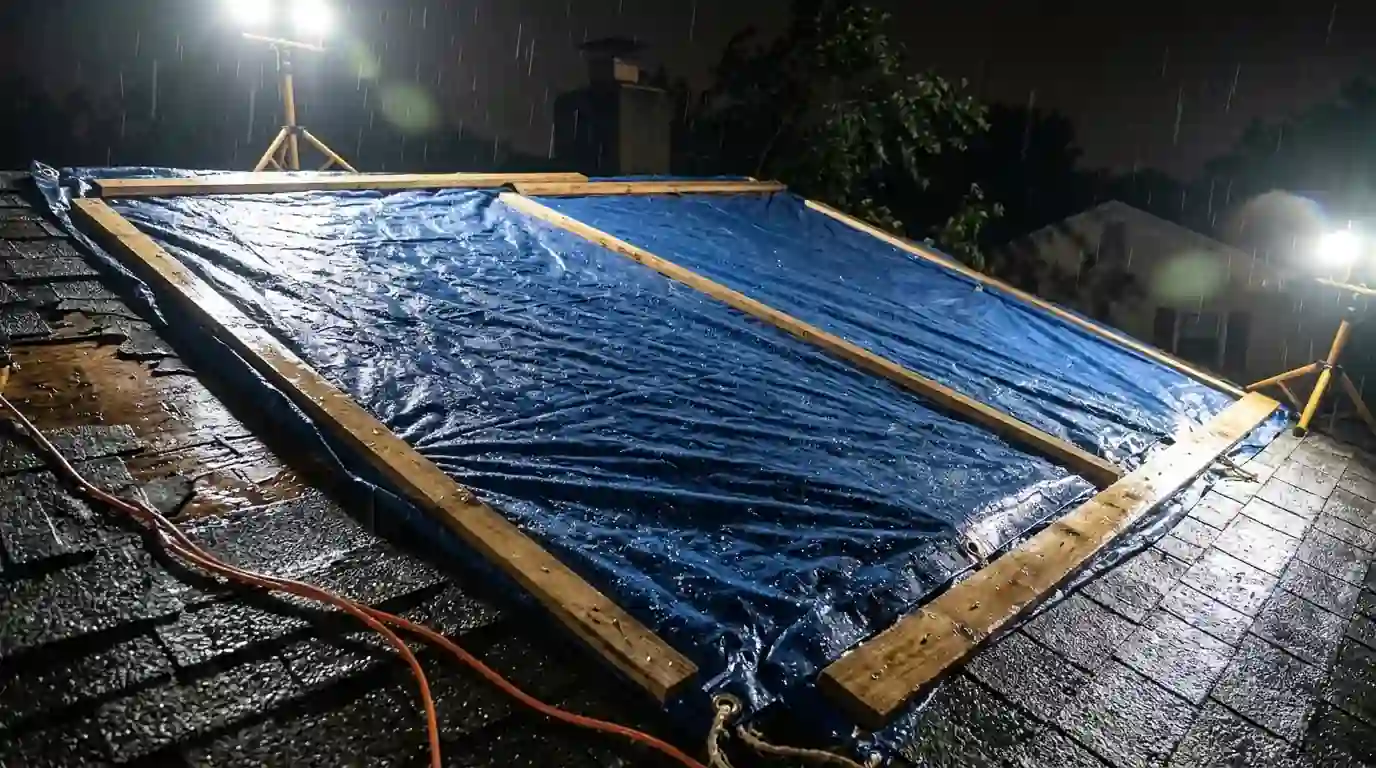 Battened tarp over a damaged roof at night