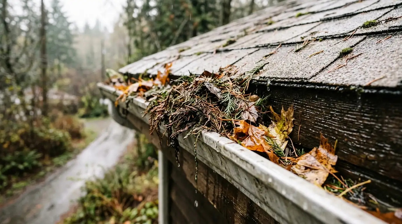 Cottage roof and gutter edge with fir needles in a wooded Portland neighborhood