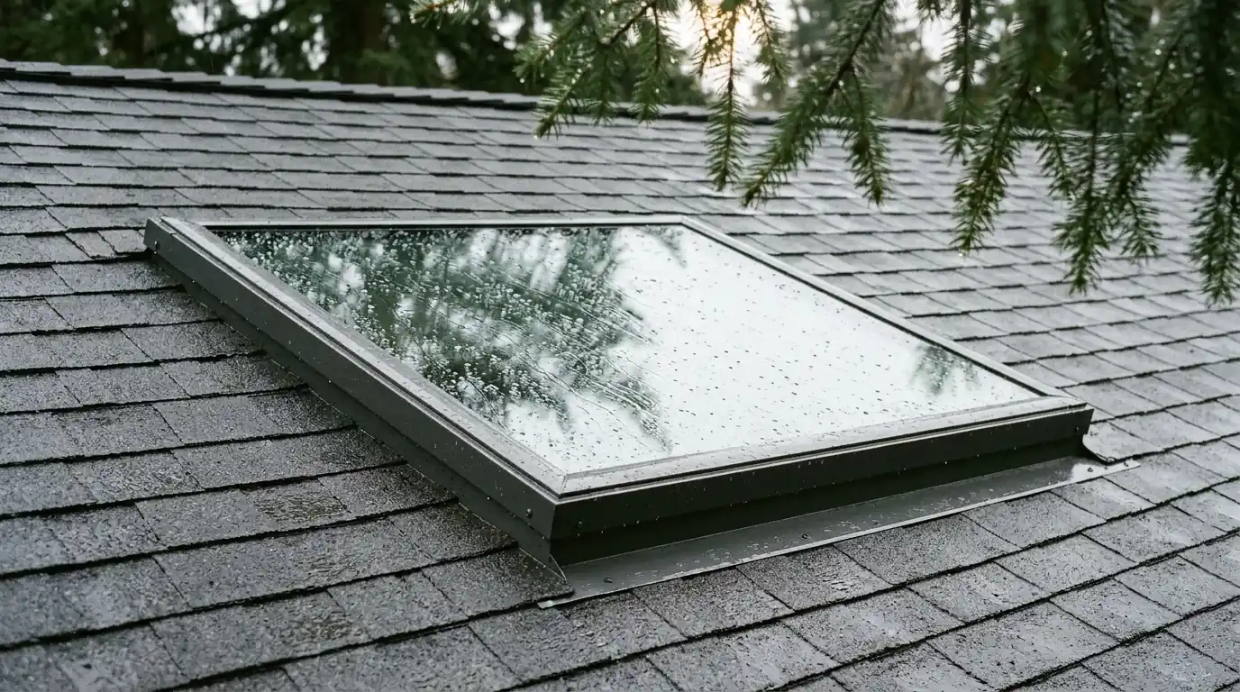 New skylight with metal flashing on a wet shingle roof in Portland