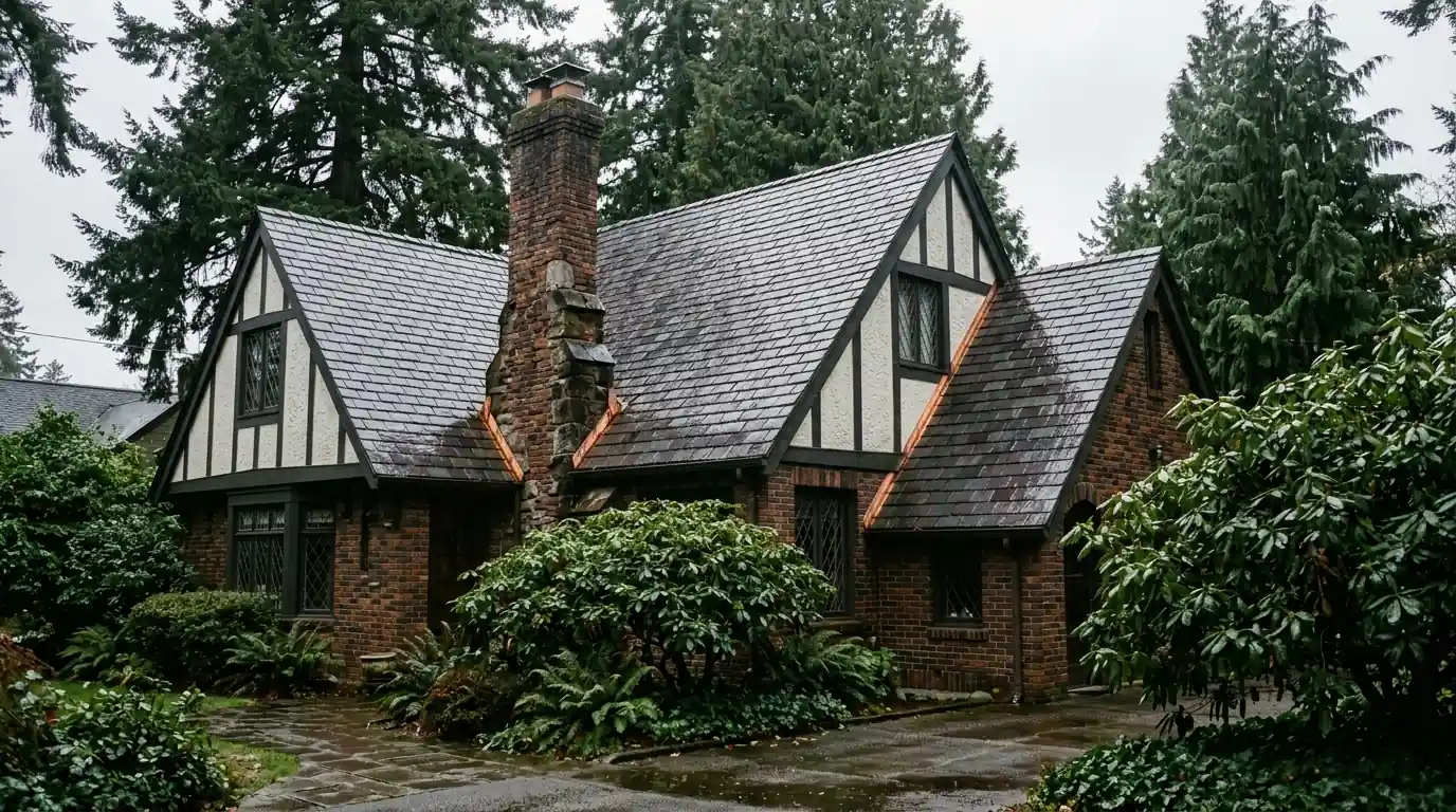 Gray composite slate roof with copper valleys on a Portland Tudor home