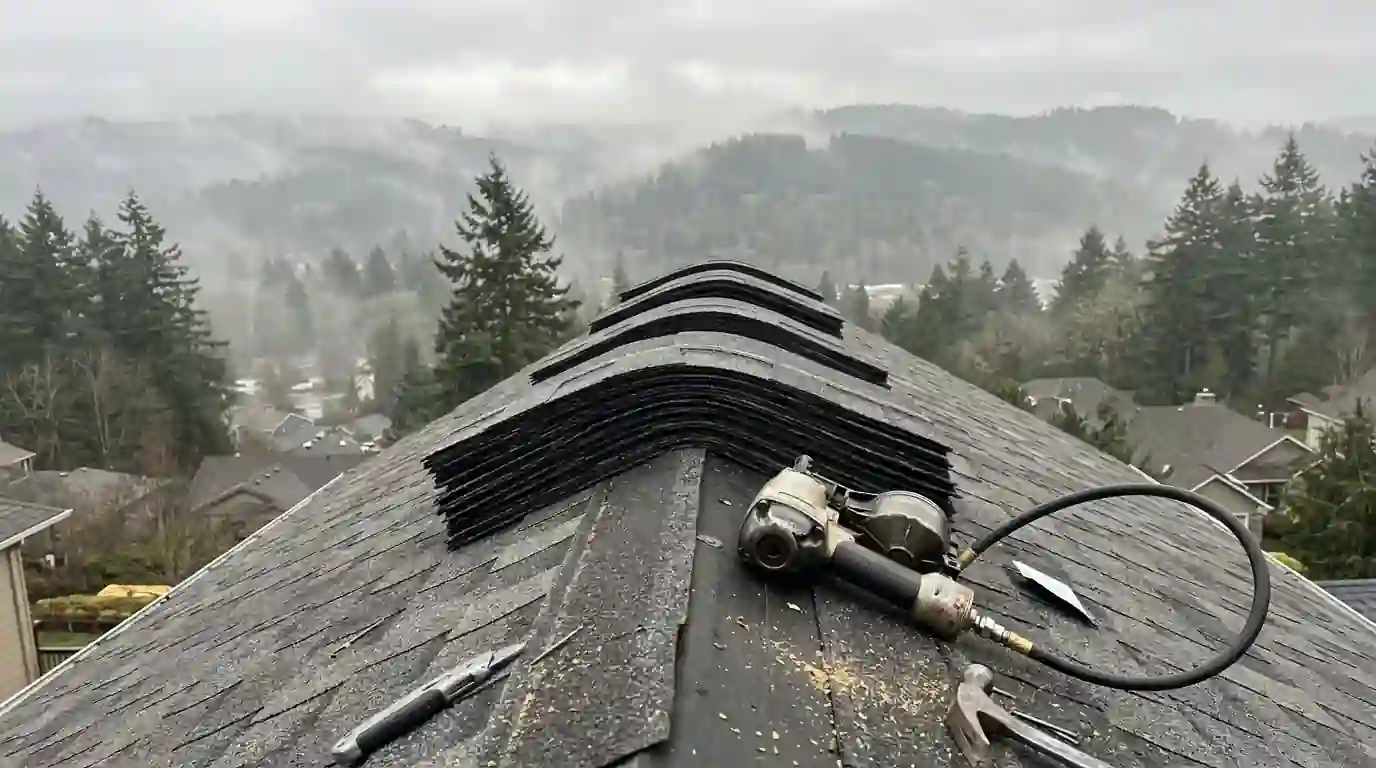Bundles of architectural shingles on a roof ridge
