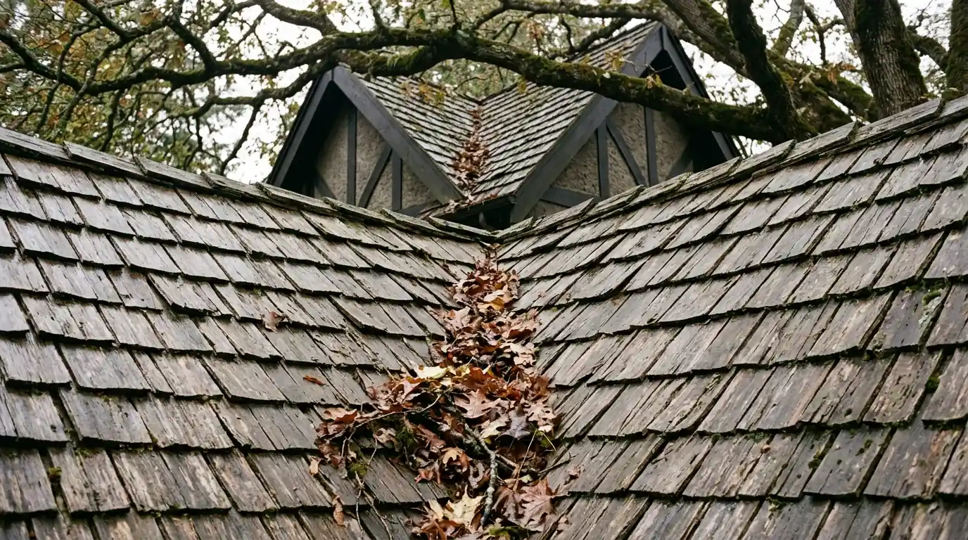 Weathered cedar shake roof on a Tudor house under large shade trees