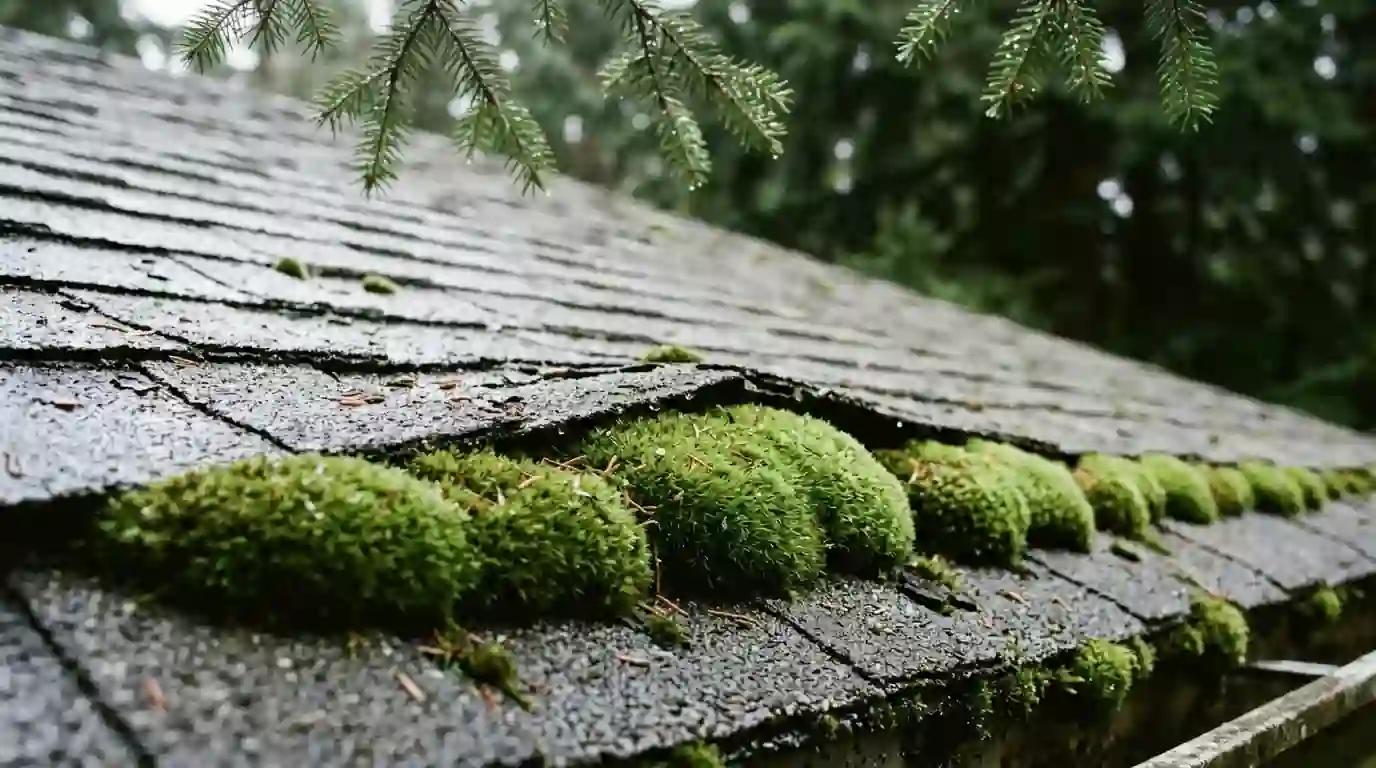 Thick green moss lifting asphalt shingle tabs on a shaded Portland roof