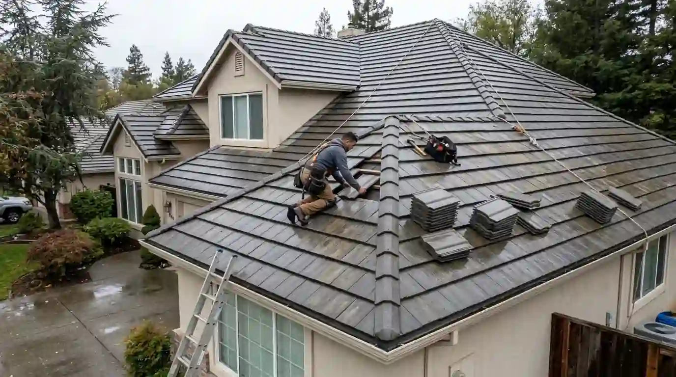 Repairing a concrete tile roof with matching tiles