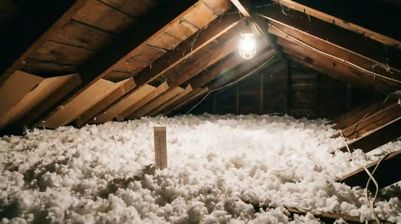 Fresh blown-in insulation filling an attic floor with baffles at the eaves
