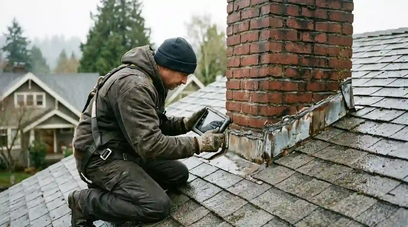 Roofing team tearing off old shingles from a two story Portland home