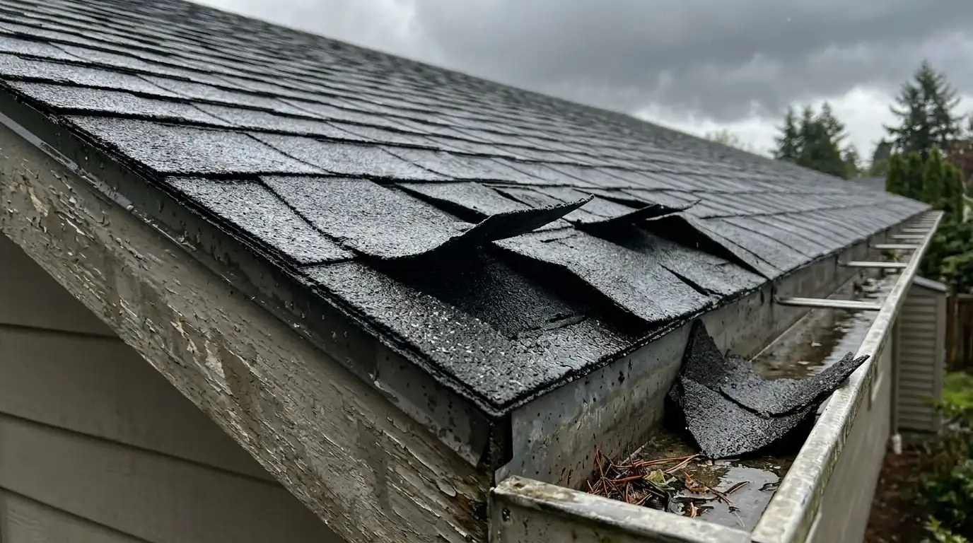 Wind creased and lifted asphalt shingles along a roof rake edge