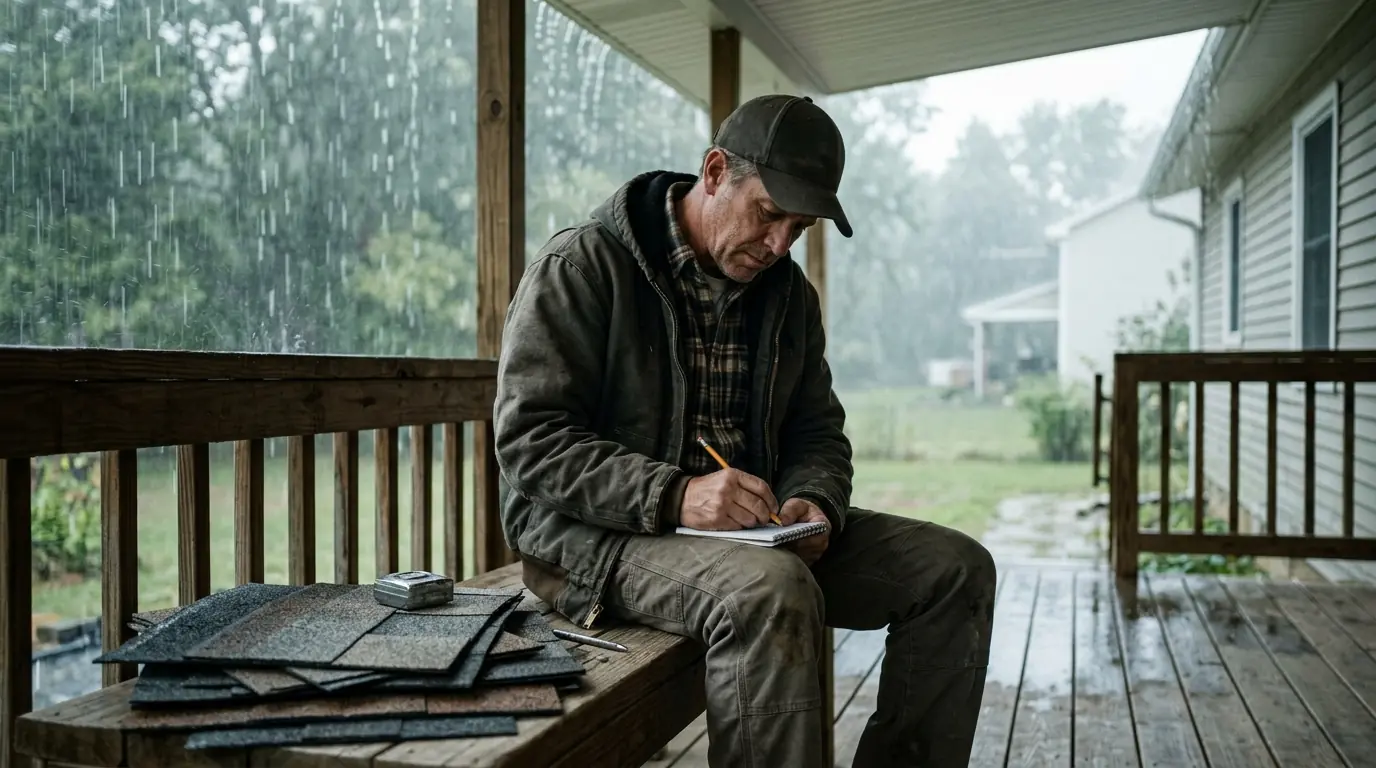 Roofer writing job notes on a covered porch