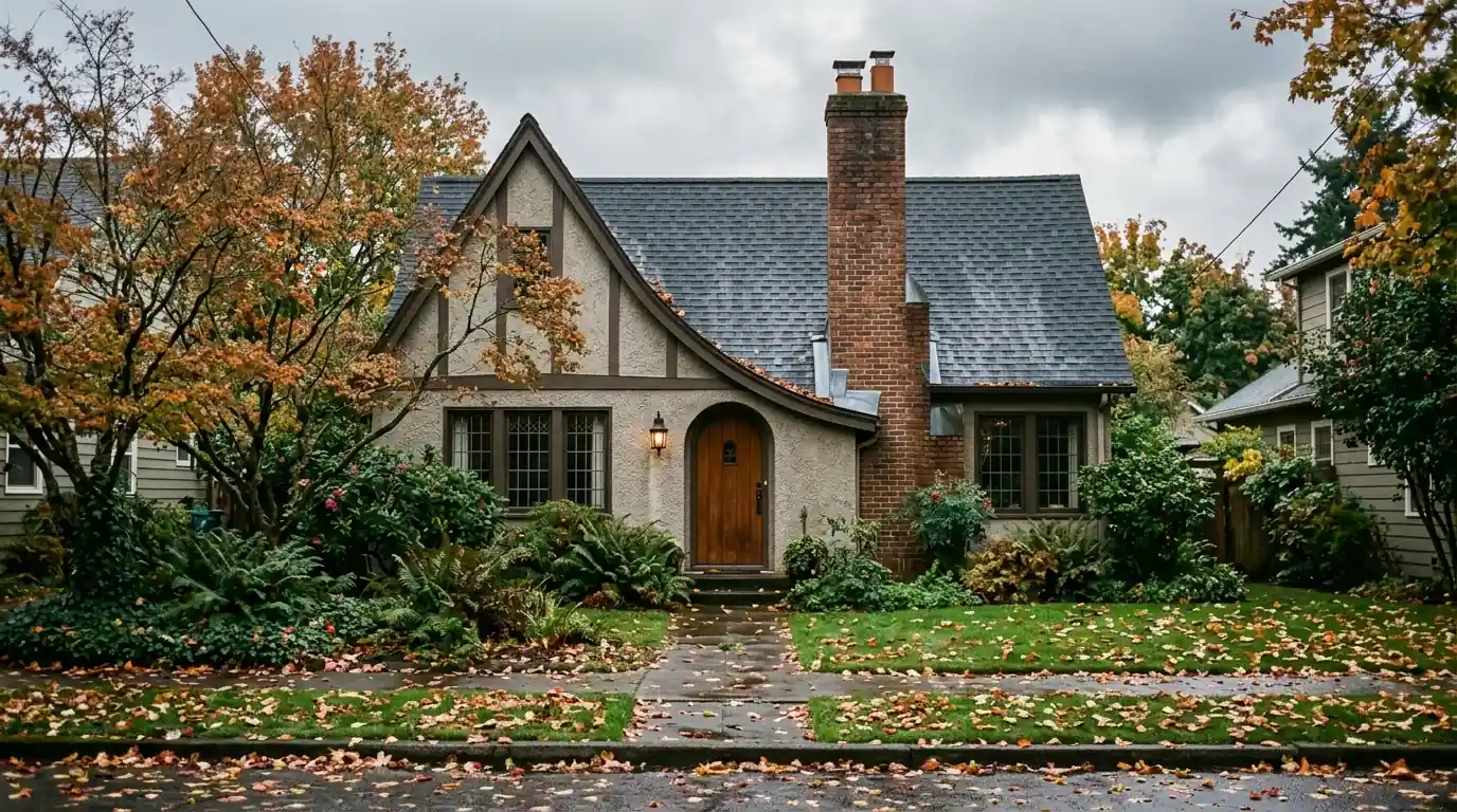Steep English cottage style roof with brick chimney in Northeast Portland
