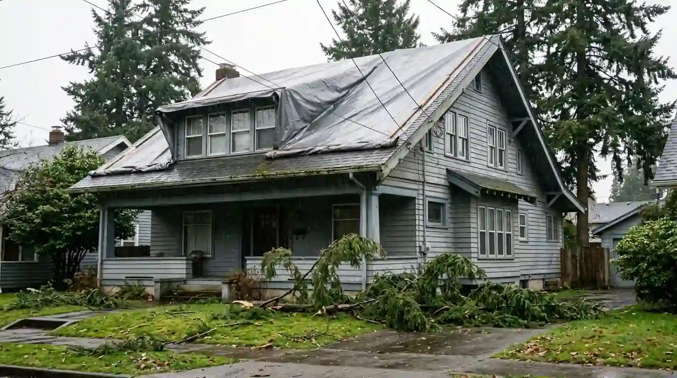 Heavy gray tarp battened over the ridge of a damaged Portland roof