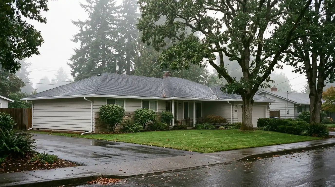 New seamless gutters and shingle roof on a Tualatin ranch house